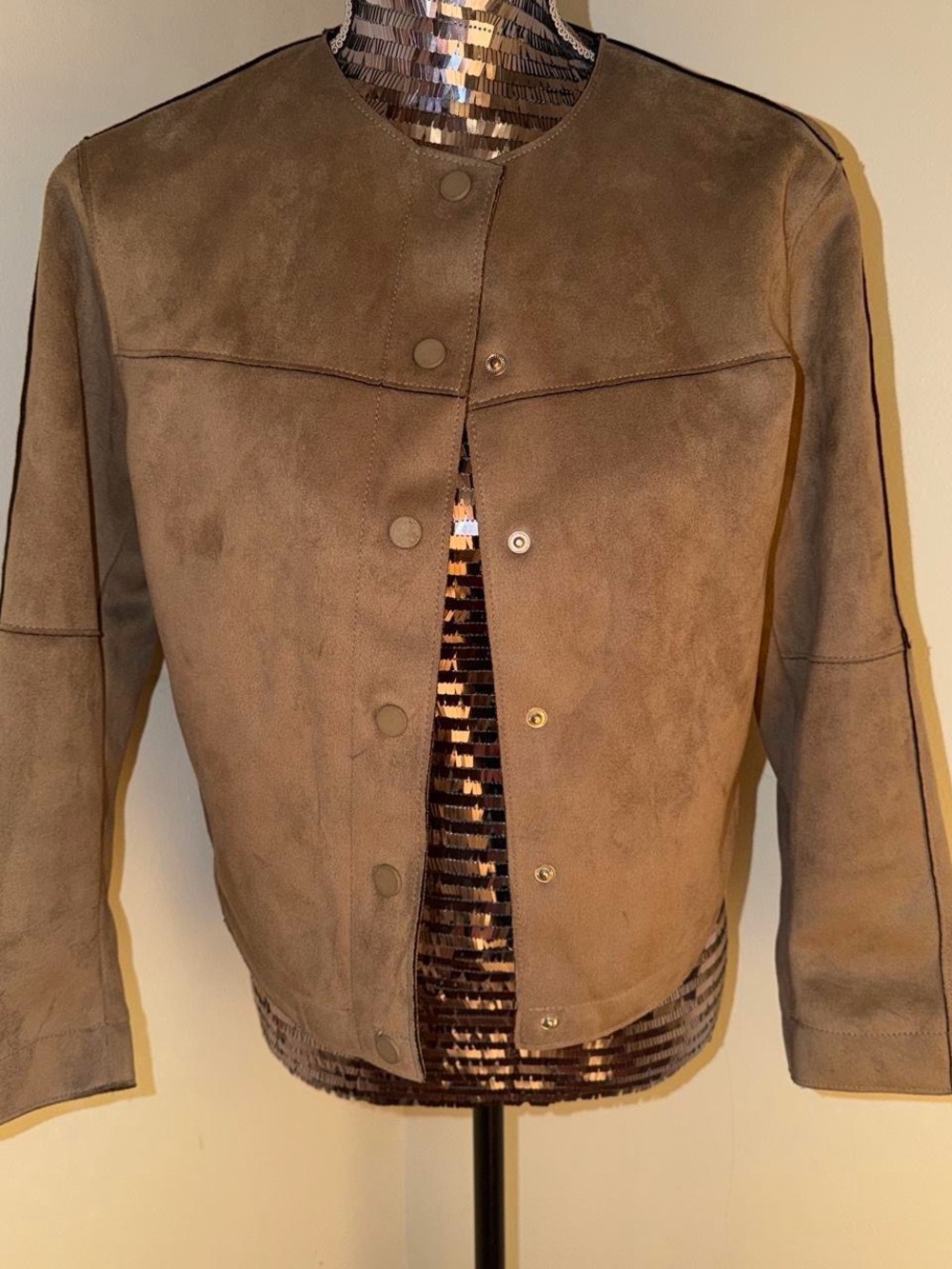 Gorgeous Zara Taupe Suede Snap-Front Jacket - Classic Collarless Style